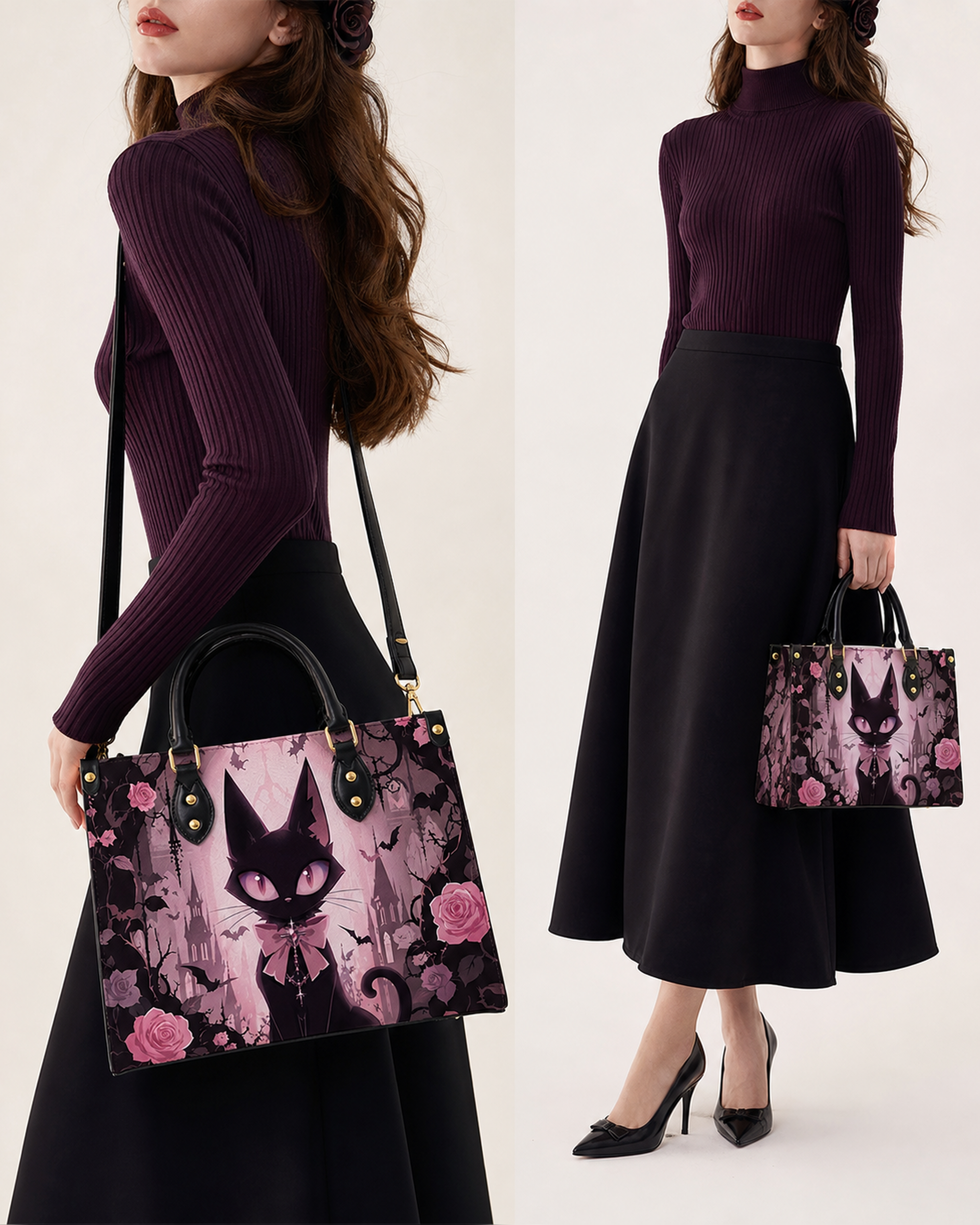 Pink Noir Cat Leather Handbag