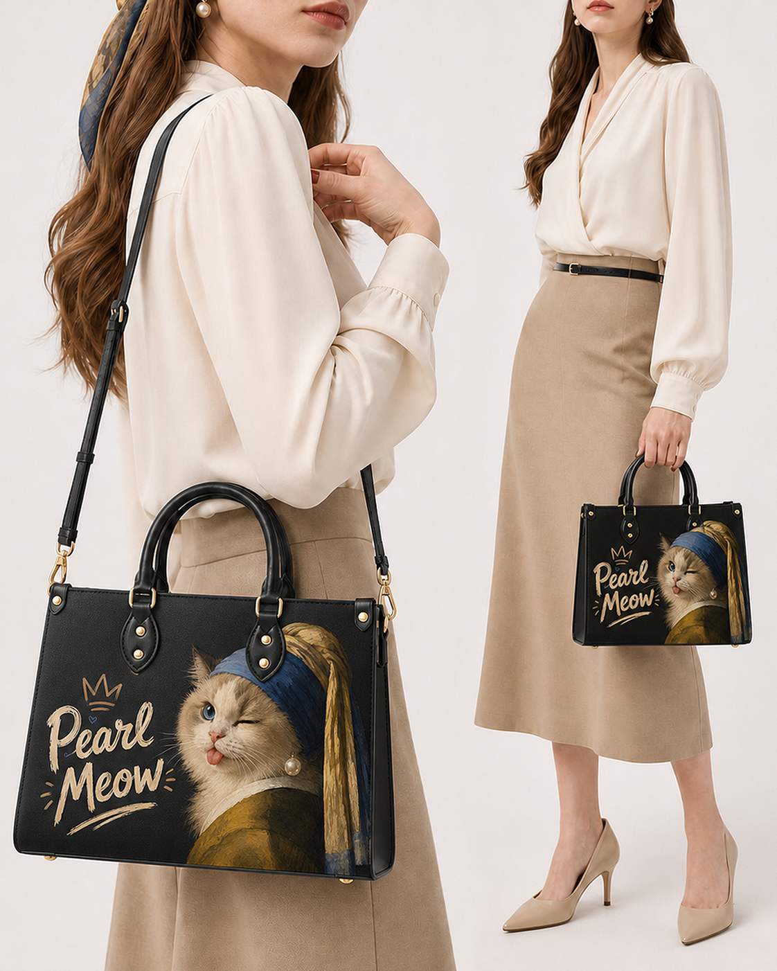 Pearl Meow Leather Handbag
