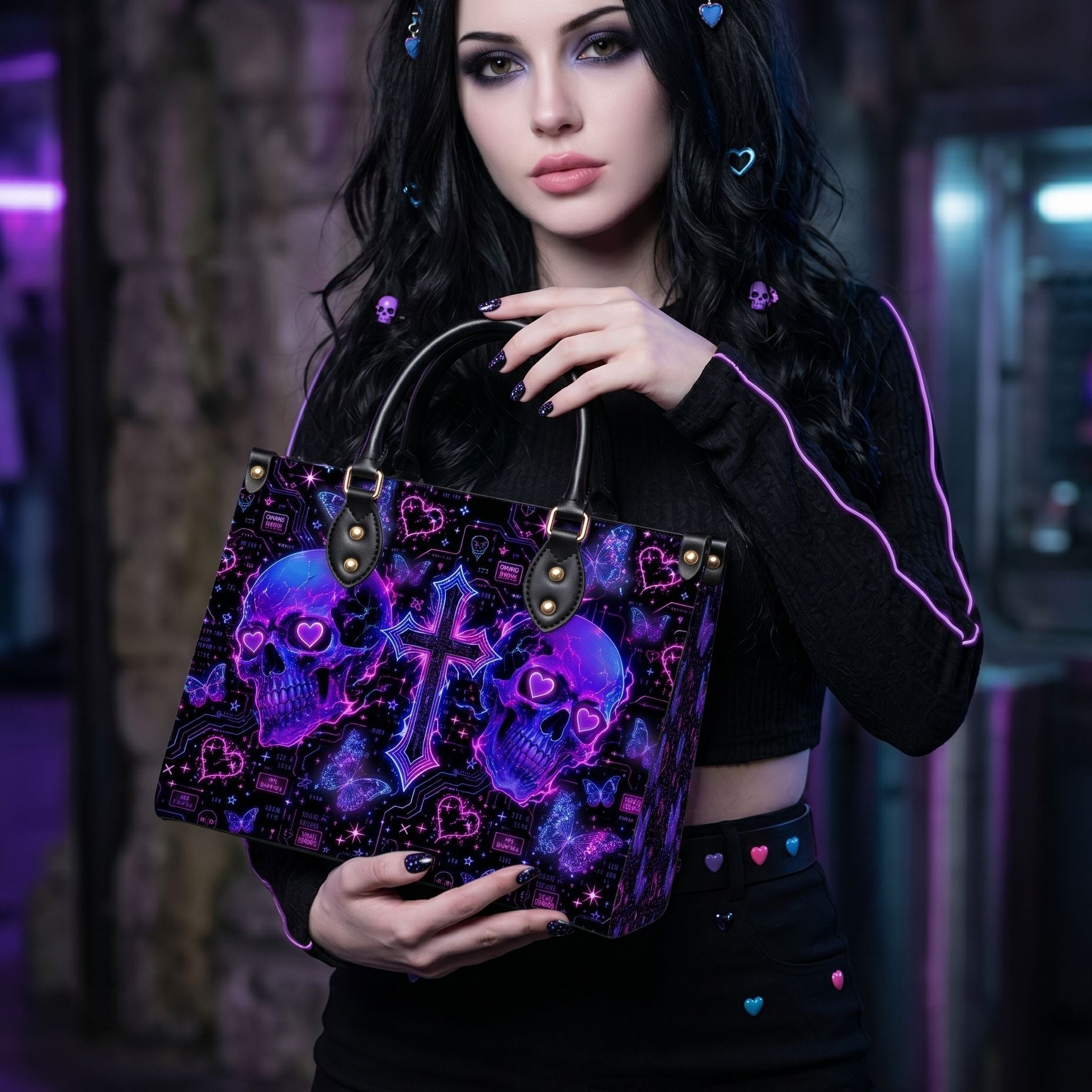 Neon Skull Leather Handbag