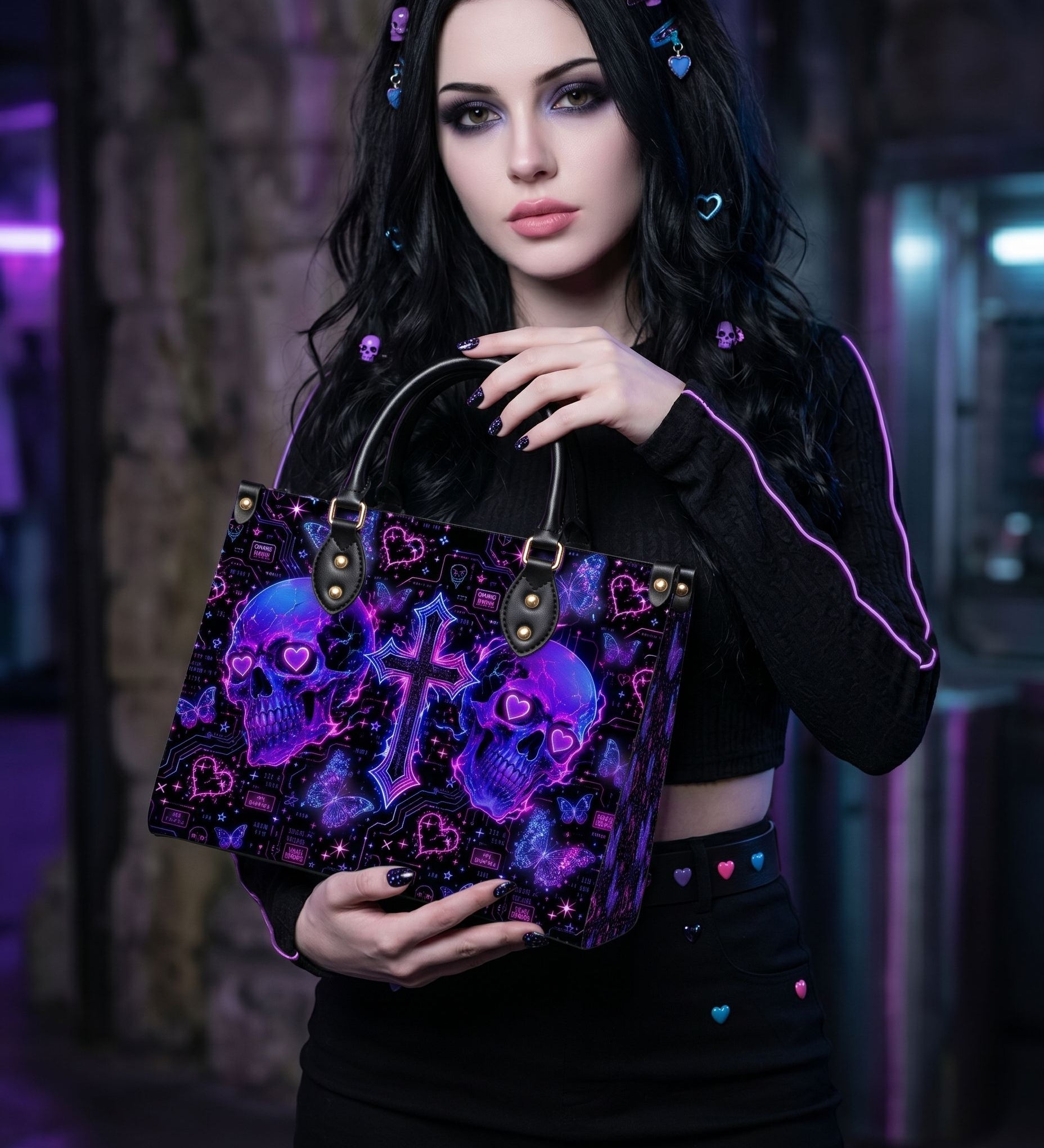 Neon Skull Leather Handbag