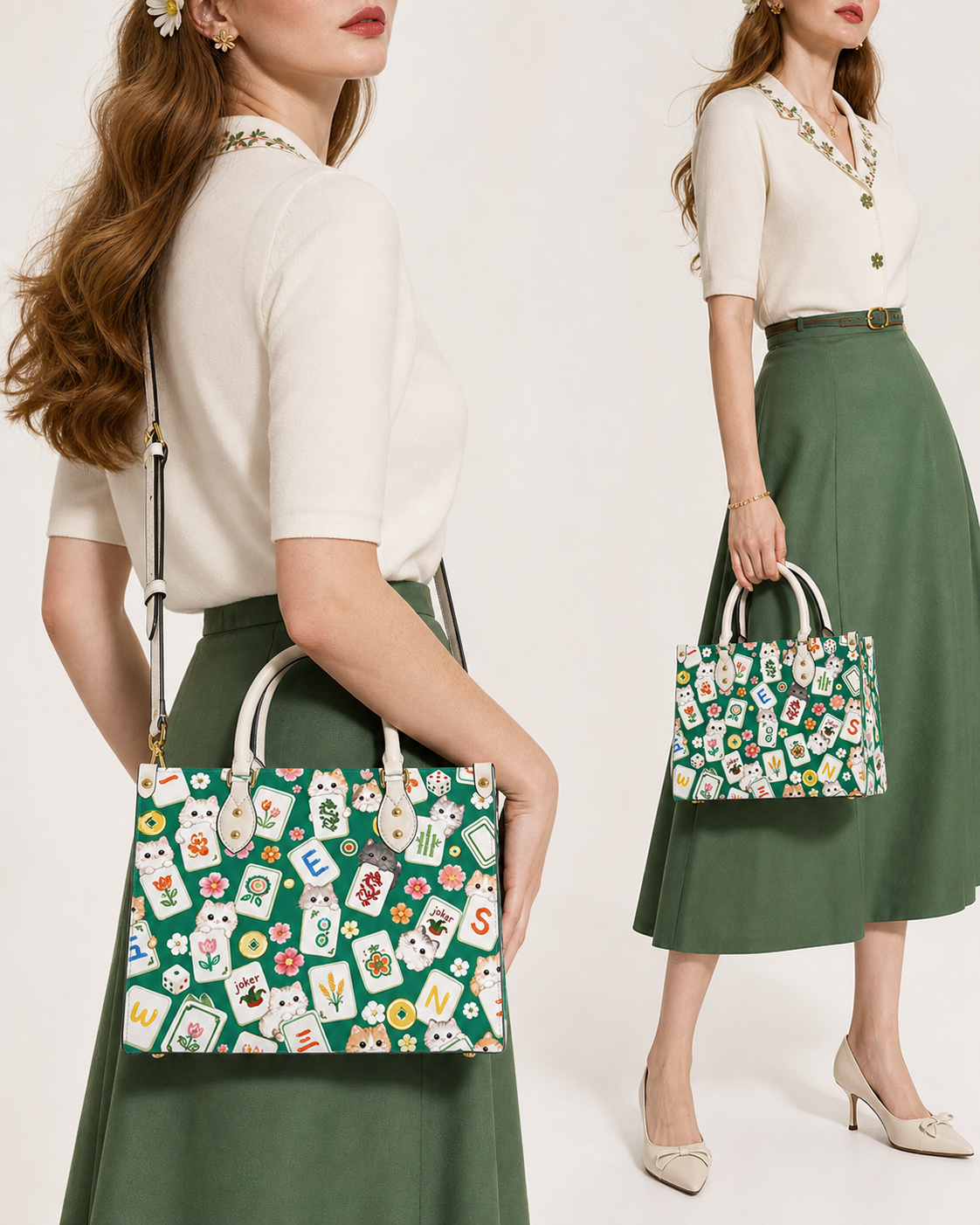 Mahjong Kitty Leather Handbag