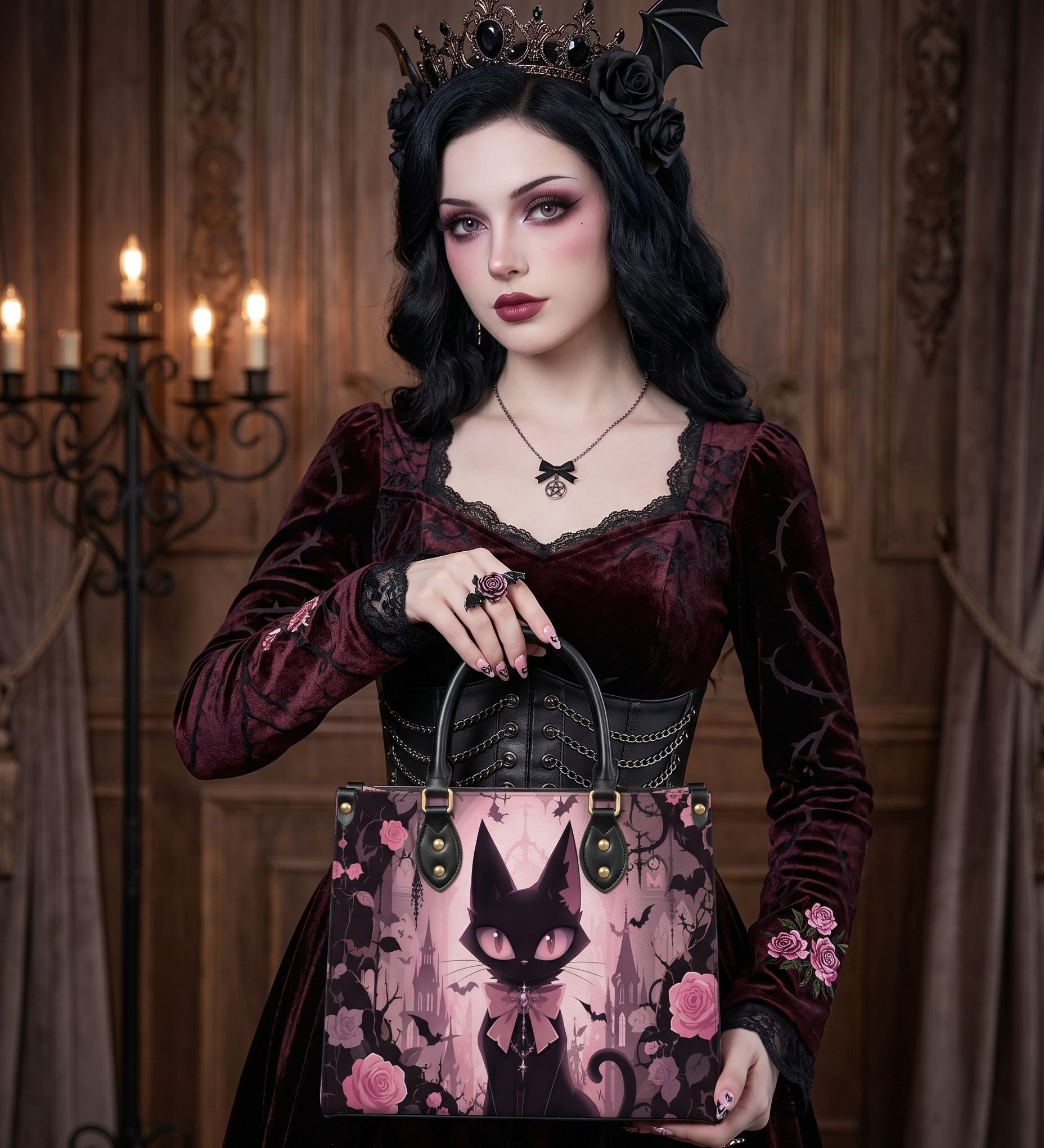 Pink Noir Cat Leather Handbag