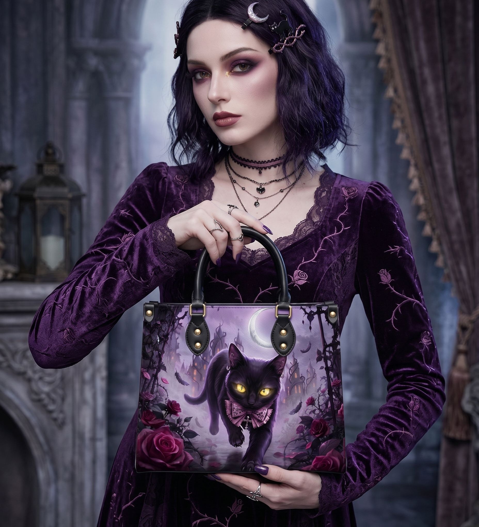 Violet Moon Feline Leather Handbag