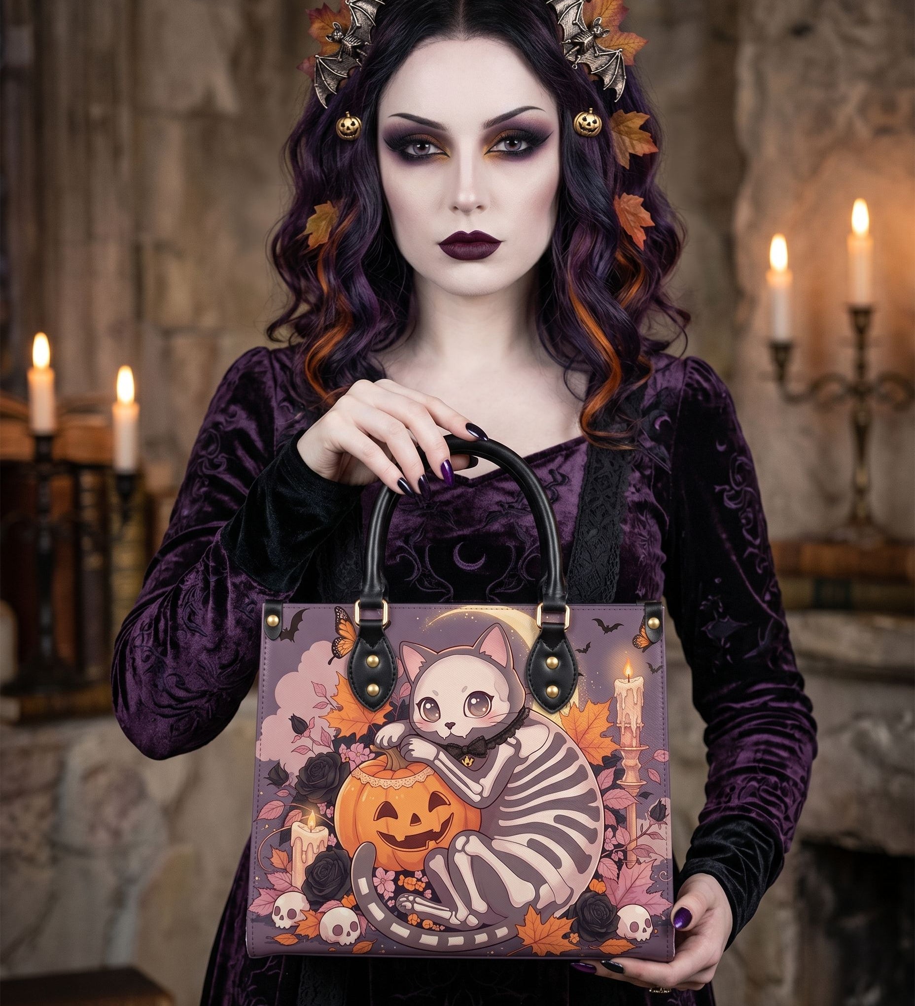 Crimson Moon Kitten Leather Handbag