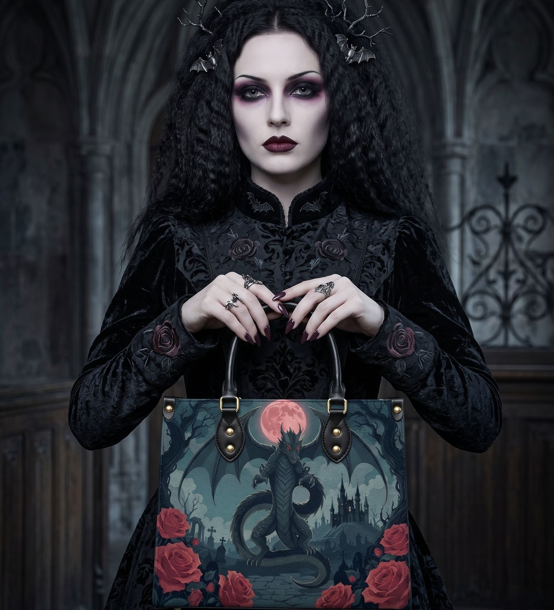 "Crimson Moon Dragon" Leather Handbag