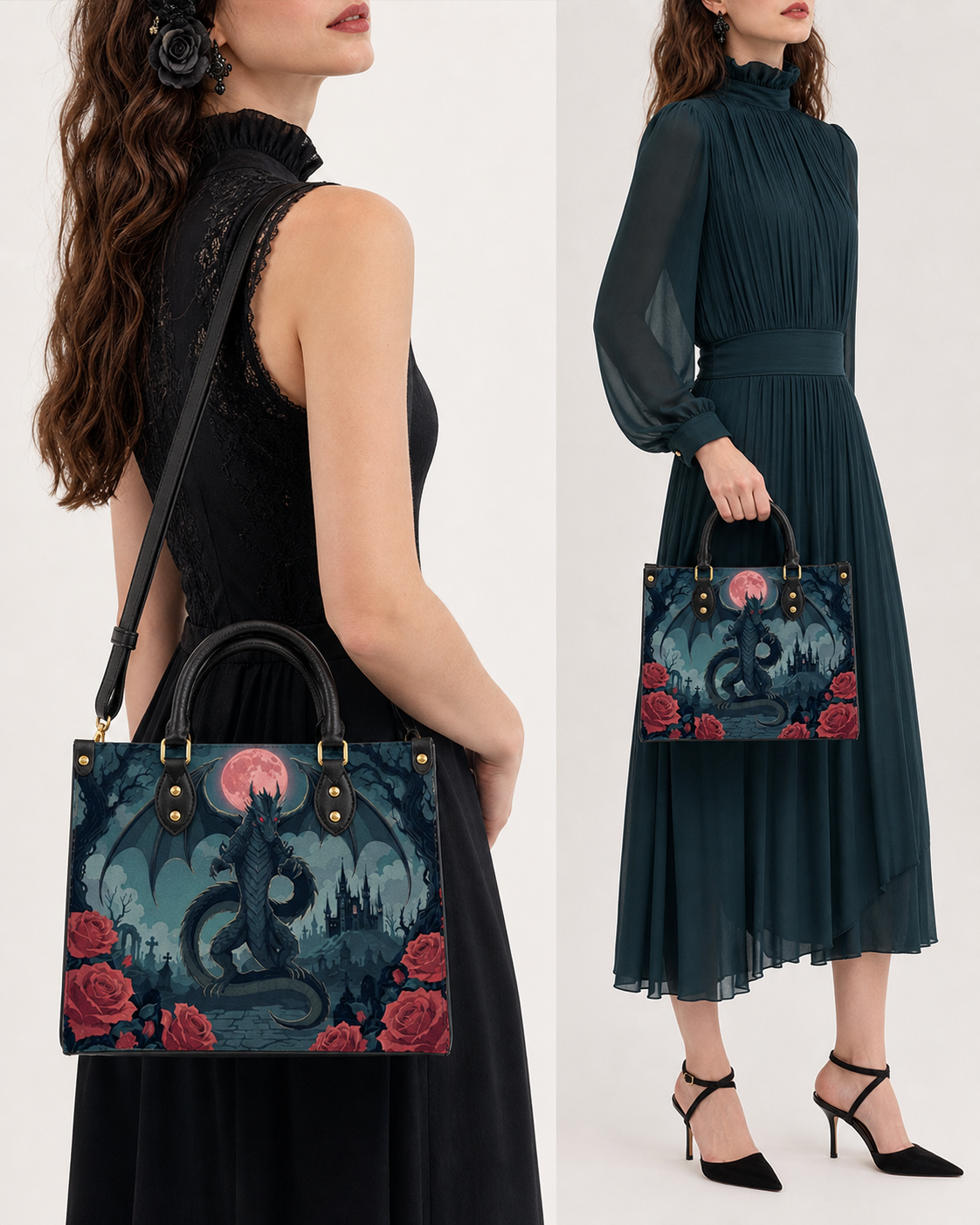 Crimson Moon Dragon Leather Handbag
