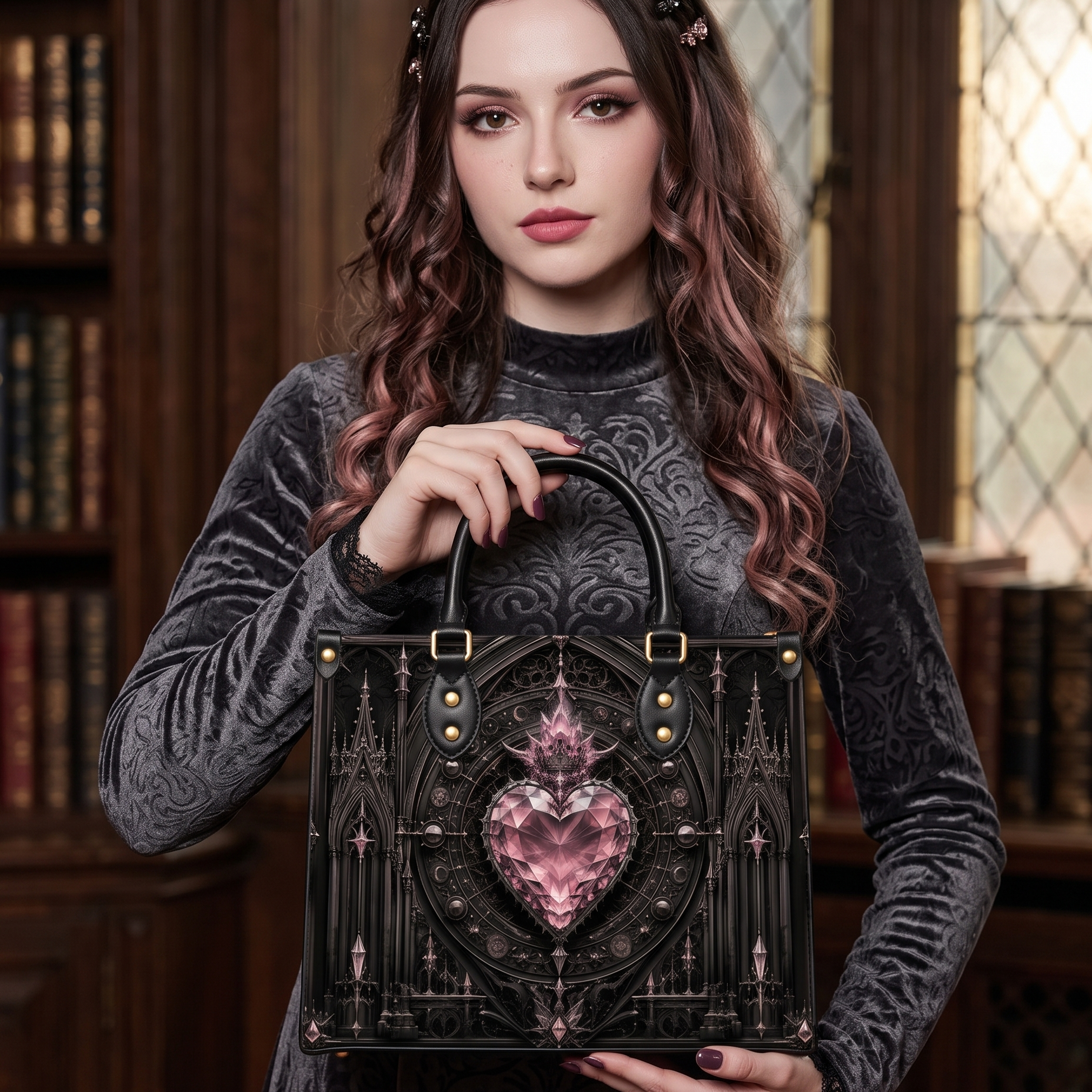 Crystal Heart Leather Handbag