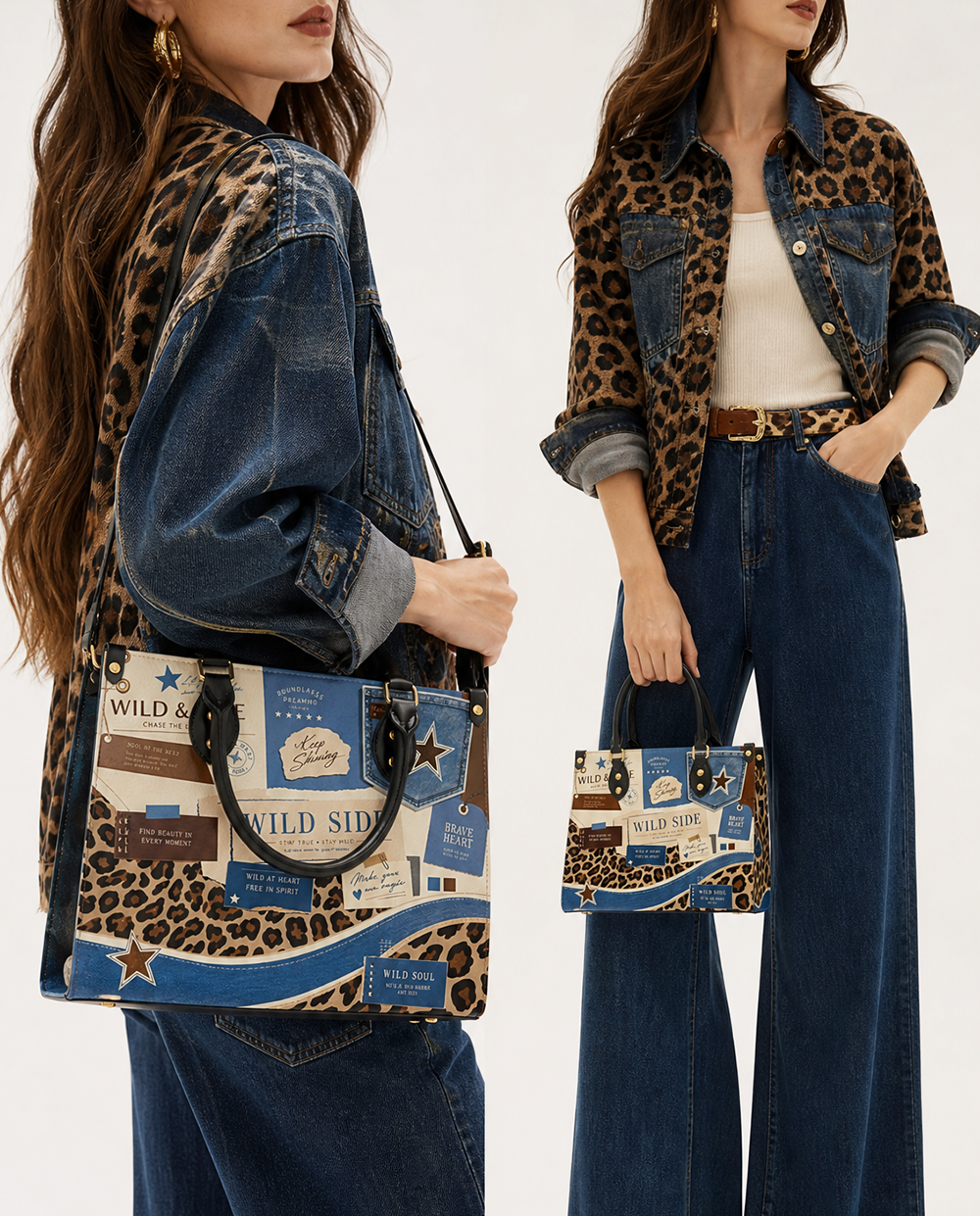 Leopard Denim Leather Handbag