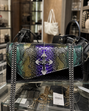 Iridescent Snake‑Skin Cross Envelope Clutch