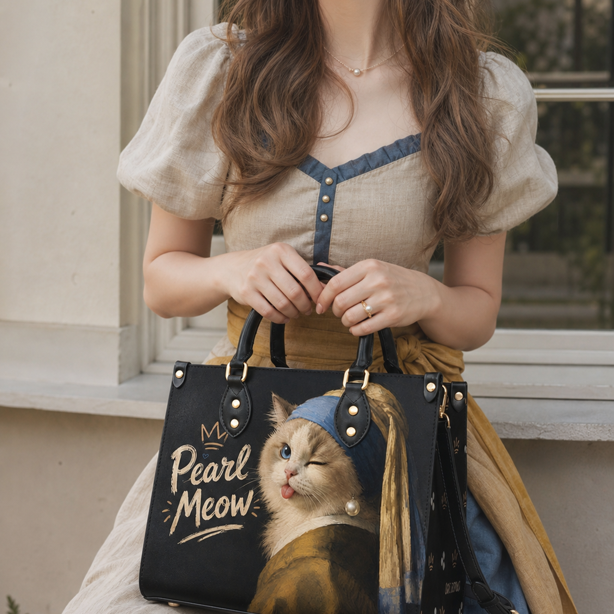 Pearl Meow Leather Handbag