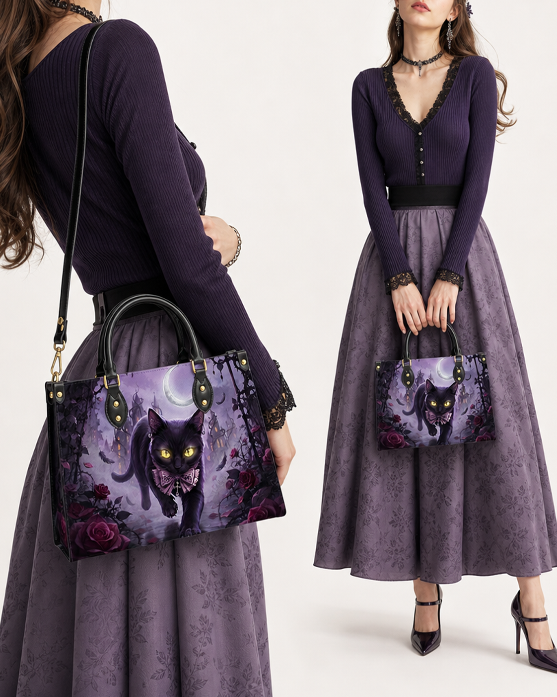 Violet Moon Feline Leather Handbag