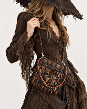 Dark Brown Beaded Fringe Satchel