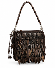Dark Brown Beaded Fringe Satchel