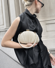 Pearl Pleated Satin Shell Clutch