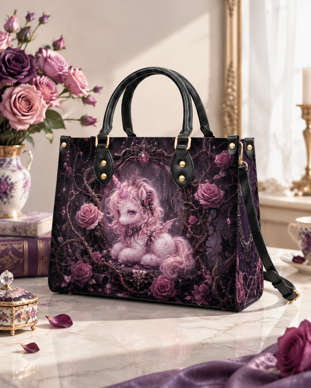 Slumbering Rose Unicorn Leather Handbag