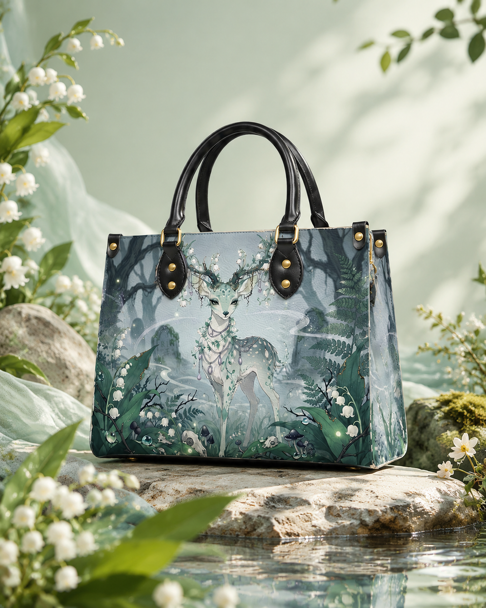 Violet Moon Bunnies Leather Handbag