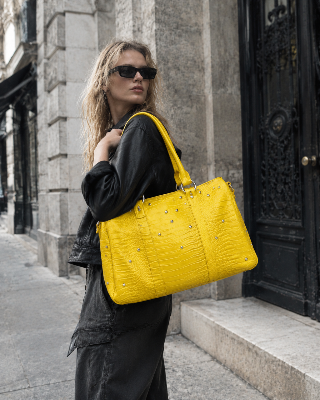Yellow Croc Rivet Duffle Bag