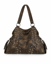 Grunge Style Leopard Print Studded Hobo Purse