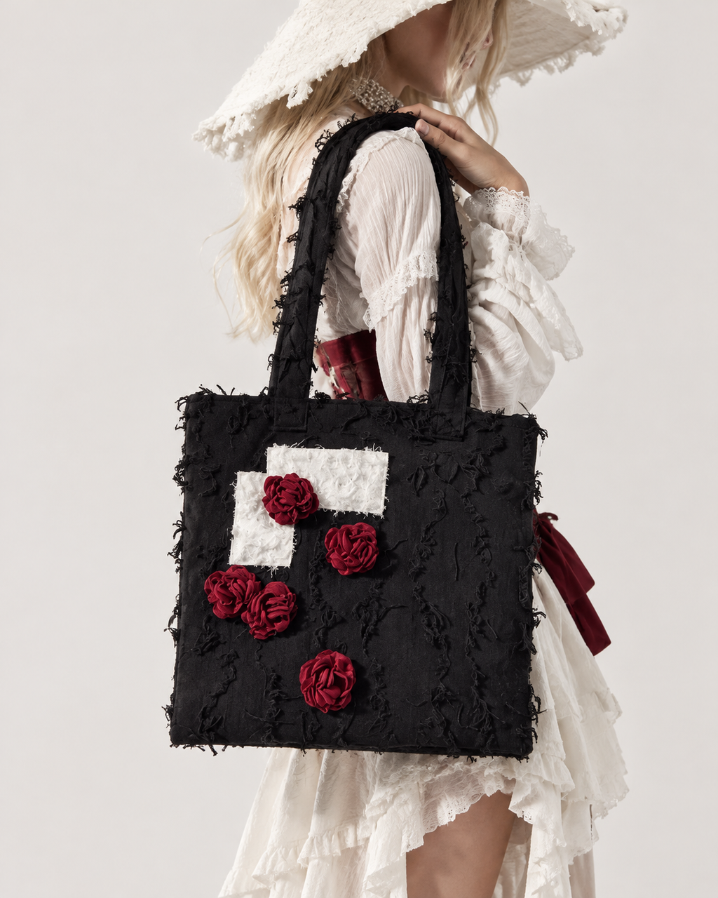 Dark Fabric Burgundy Rose Tote